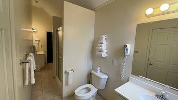 A bathroom with a toilet, sink, and a towel rack.