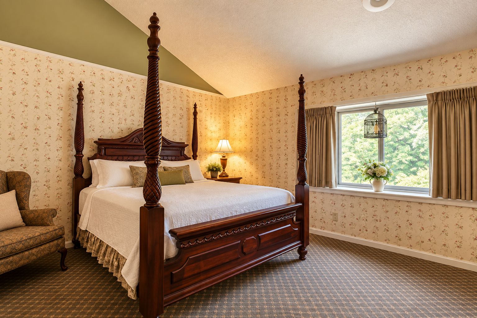 A four-poster bed with a wooden frame and a matching headboard, a nightstand with a lamp, a window with curtains, and a floral-patterned wallpaper.