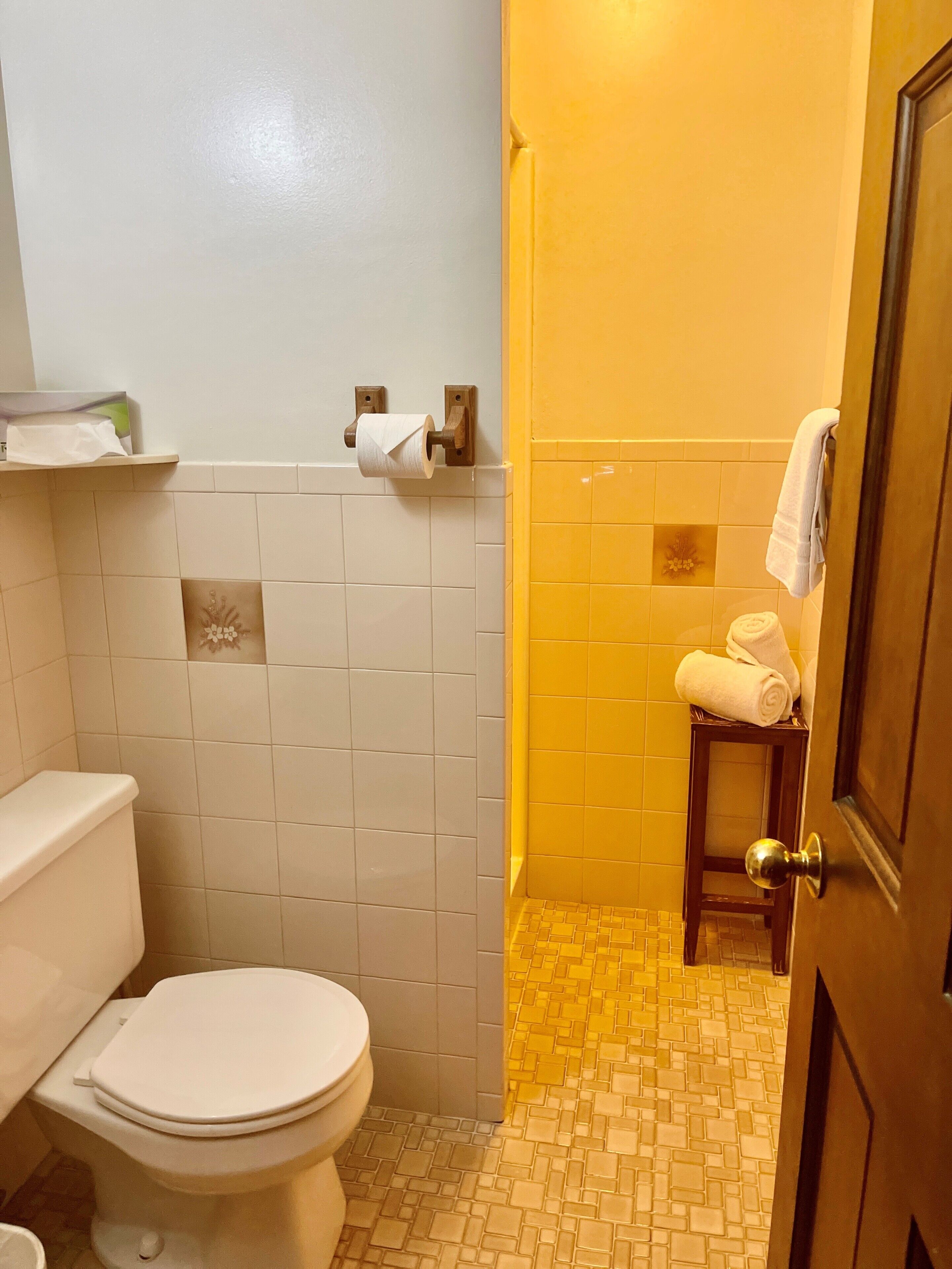 A bathroom with a toilet, a towel rack, and a roll of toilet paper on the wall.