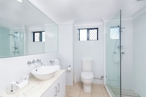 Features a large sink, sleek toilet, and glass-enclosed shower area.