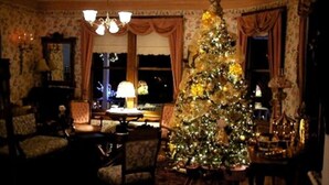 A cozy living room with a decorated Christmas tree, a chandelier, and a fireplace.