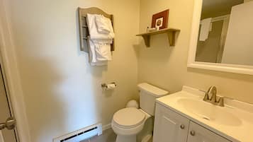A bathroom with a toilet, sink, and towel rack.