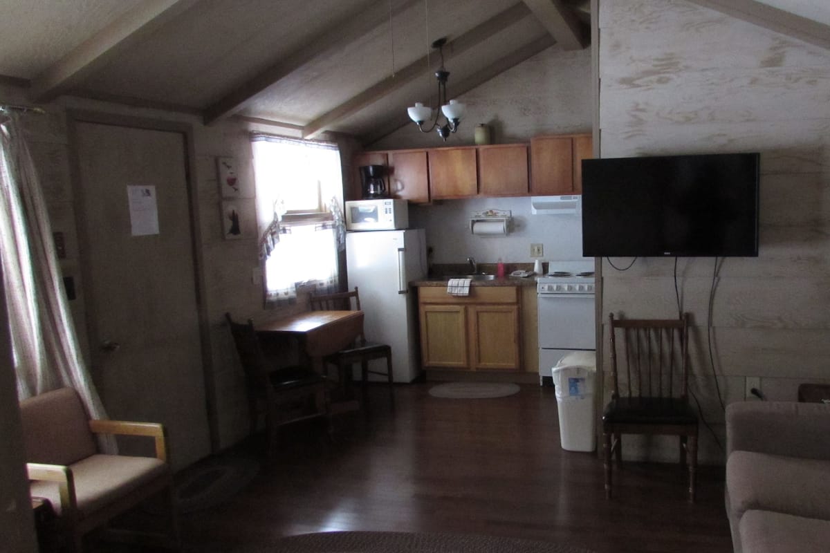 A compact living space with a kitchen, dining area, and a TV mounted on the wall.