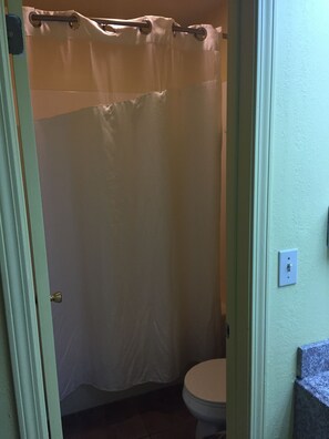 A bathroom with a shower curtain, a toilet, and a light switch on the wall.