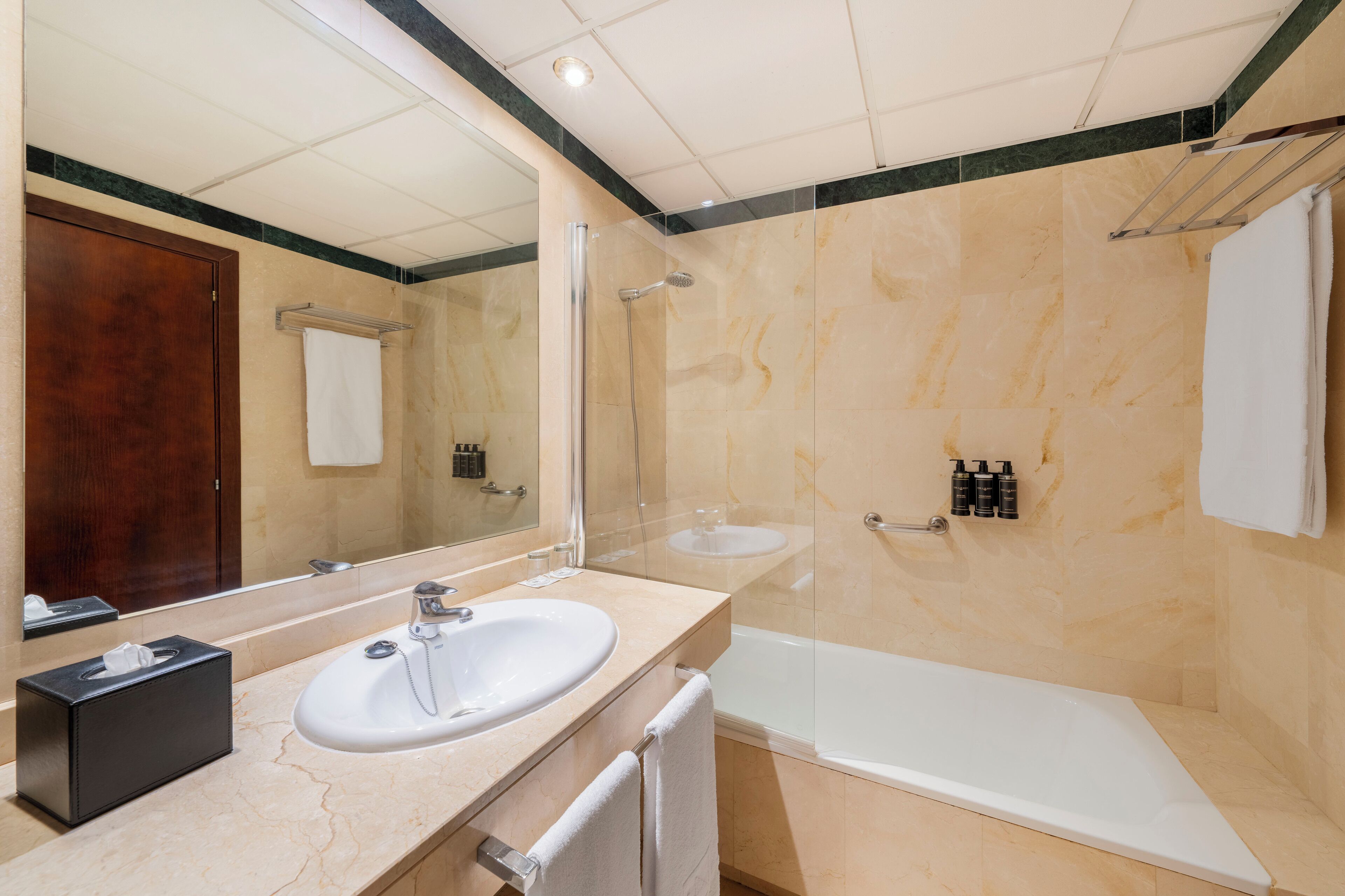 A modern bathroom with a large mirror, two sinks, a bathtub, and a glass-enclosed shower.