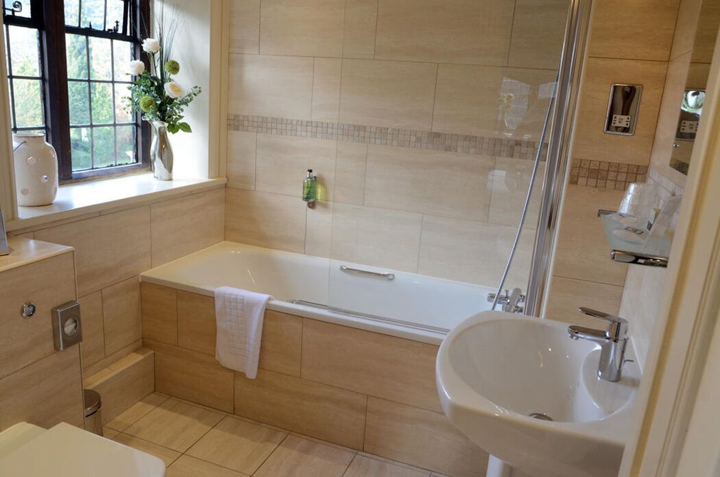 combined shower/bathtub, free toiletries, hair dryer, towels