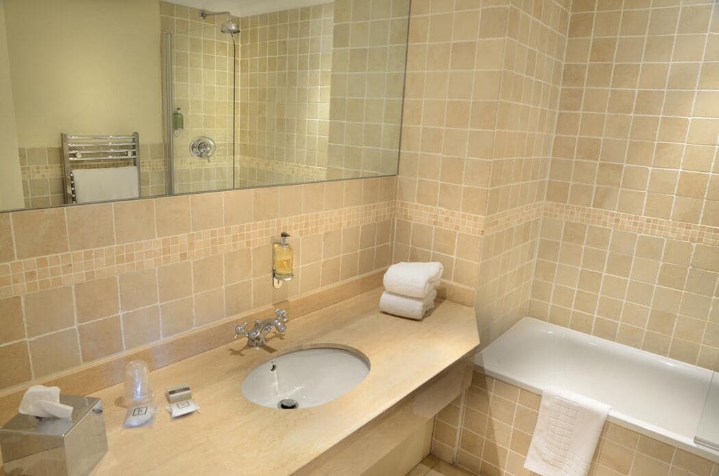 combined shower/bathtub, free toiletries, hair dryer, towels