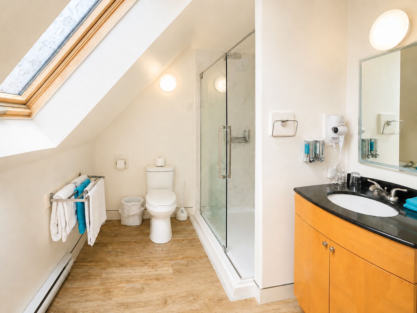 Un baño moderno con tragaluz, cerramiento de ducha de vidrio, inodoro blanco y lavabo negro con espejo.