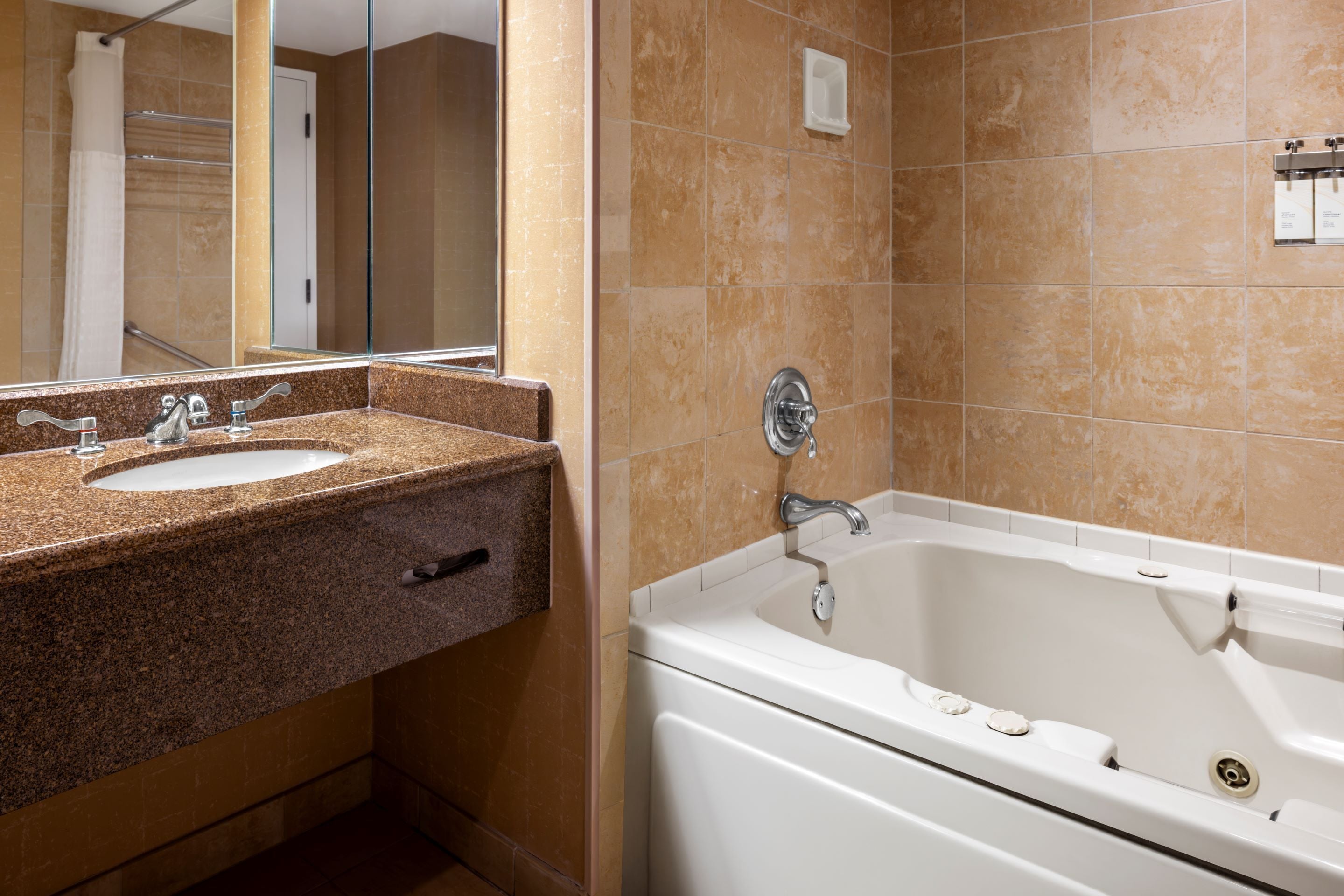 combined shower/bathtub, free toiletries, hair dryer, towels