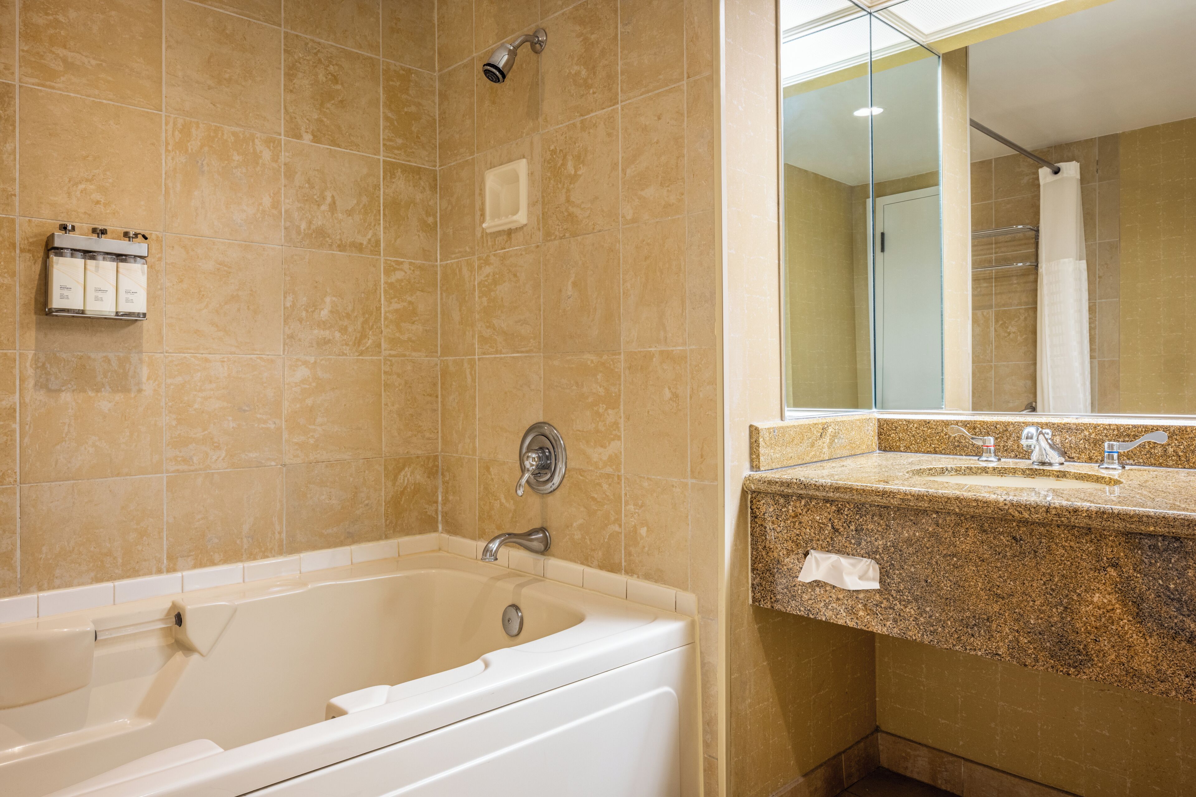 Un baño con bañera, lavabo con encimera de granito y espejo sobre el lavabo.