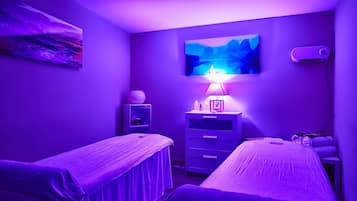 Couples treatment rooms, aromatherapy, deep-tissue massages, body wraps