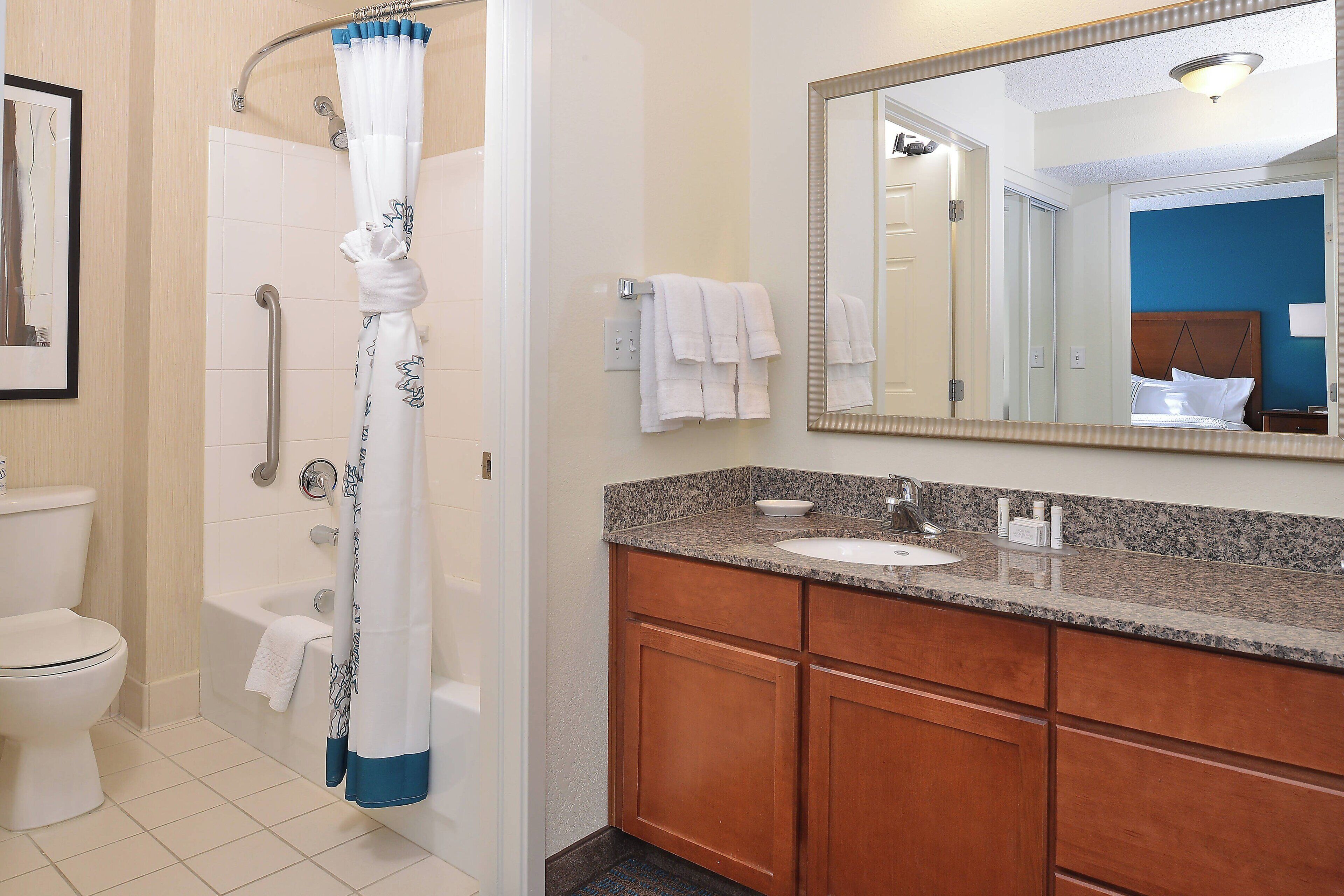 combined shower/bathtub, free toiletries, hair dryer, towels