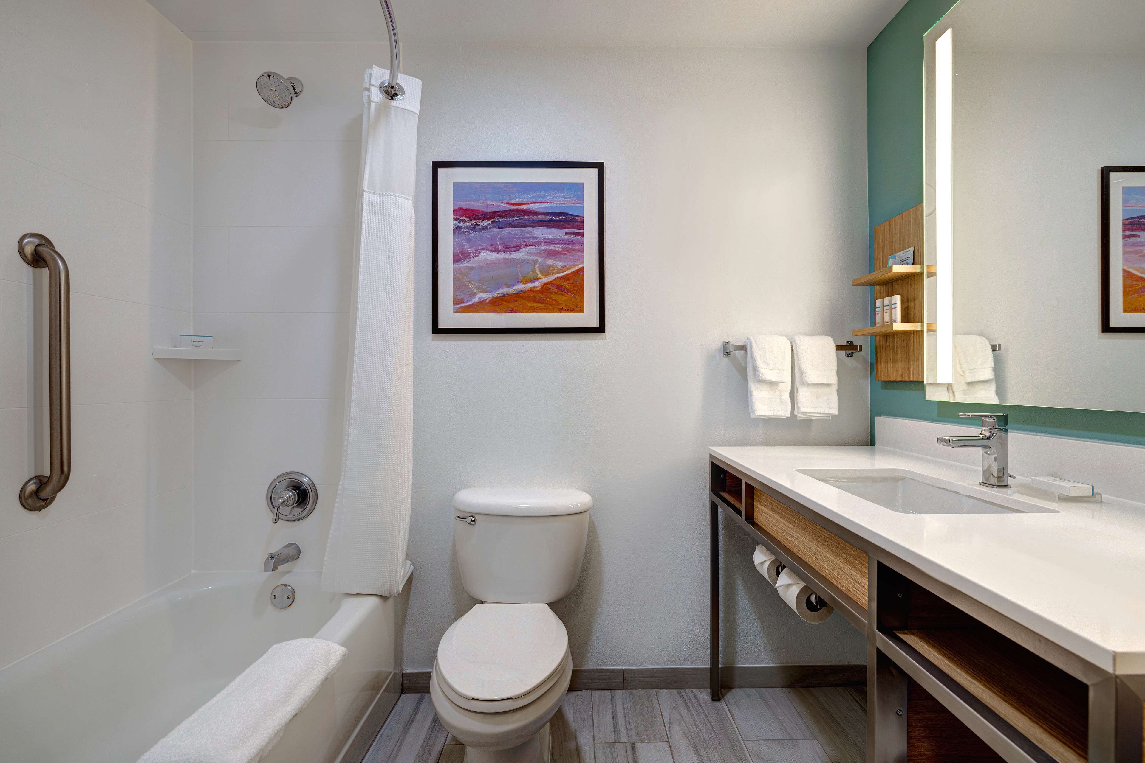 combined shower/bathtub, free toiletries, hair dryer, towels