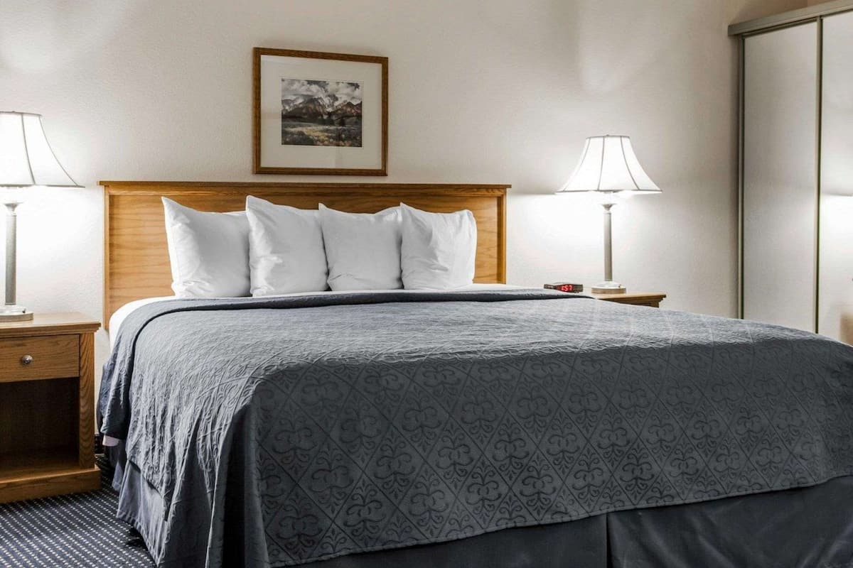 Uma cama bem arrumada com colcha estampada, duas luminárias de cabeceira, um quadro na parede e uma mesinha de cabeceira de madeira.