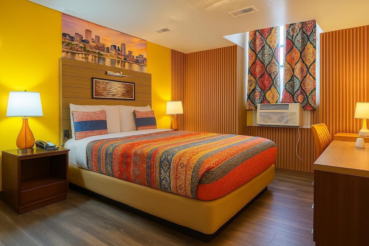 A hotel room with a bed, two bedside lamps, a cityscape mural, a patterned window, and a wooden panel wall.