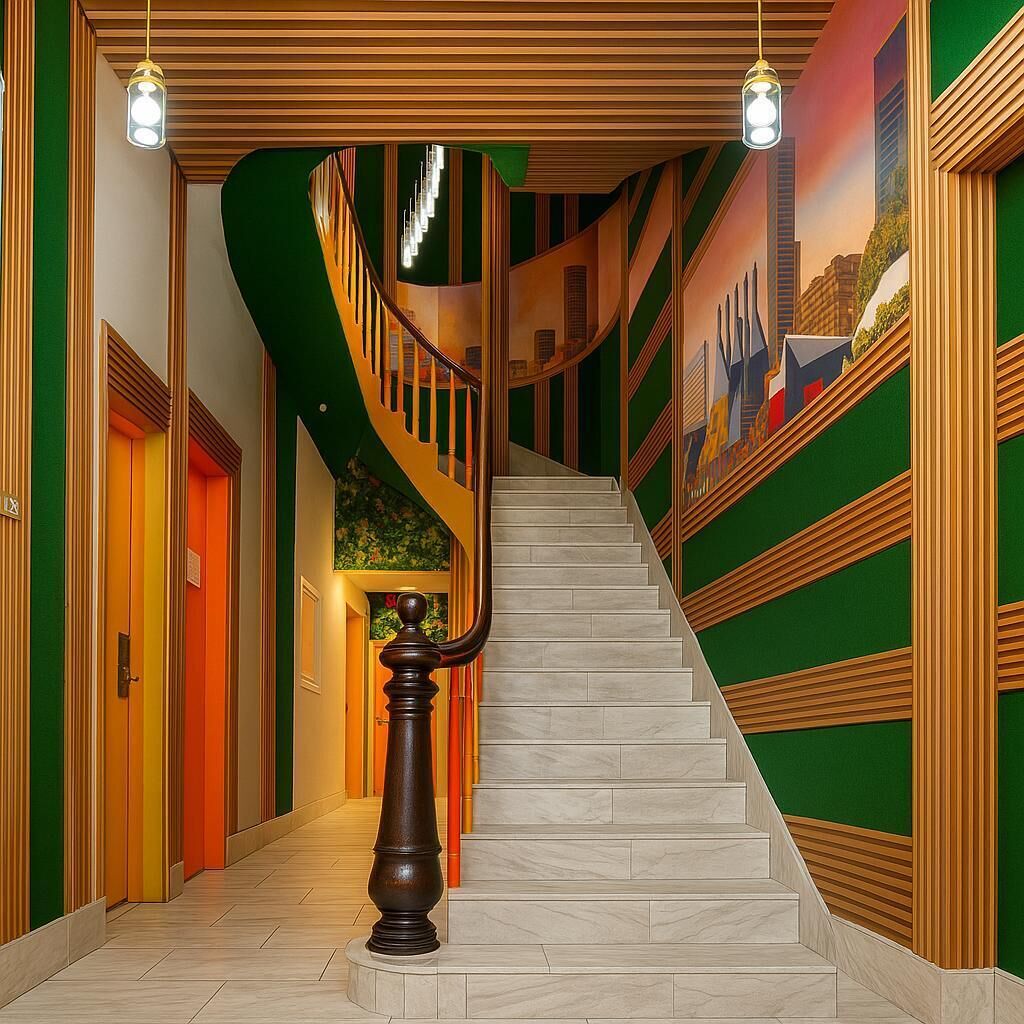 Eine Treppe mit einem Holzhandlauf und einer grünen Wand mit einem Wandgemälde.