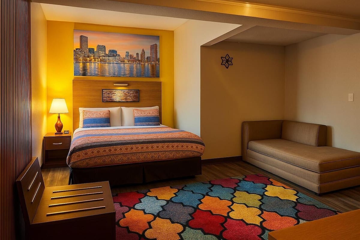 A hotel room with a bed, a sofa, a colorful rug, a cityscape painting, and a wooden nightstand with a lamp.