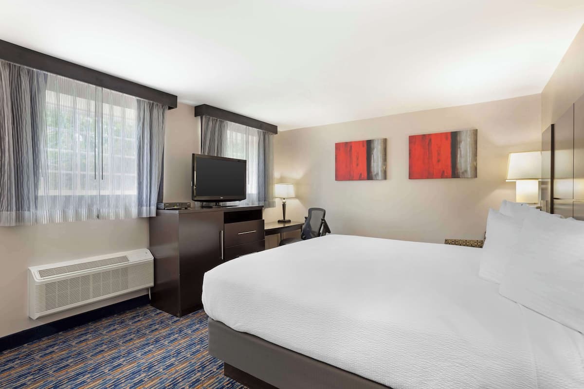 A hotel room with a large bed, a desk with a computer, a television, and two paintings on the wall.