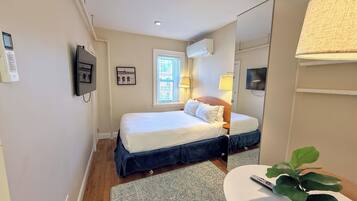 Habitación de hotel con cama, mesita de noche, lámpara, televisor, ventana y planta.