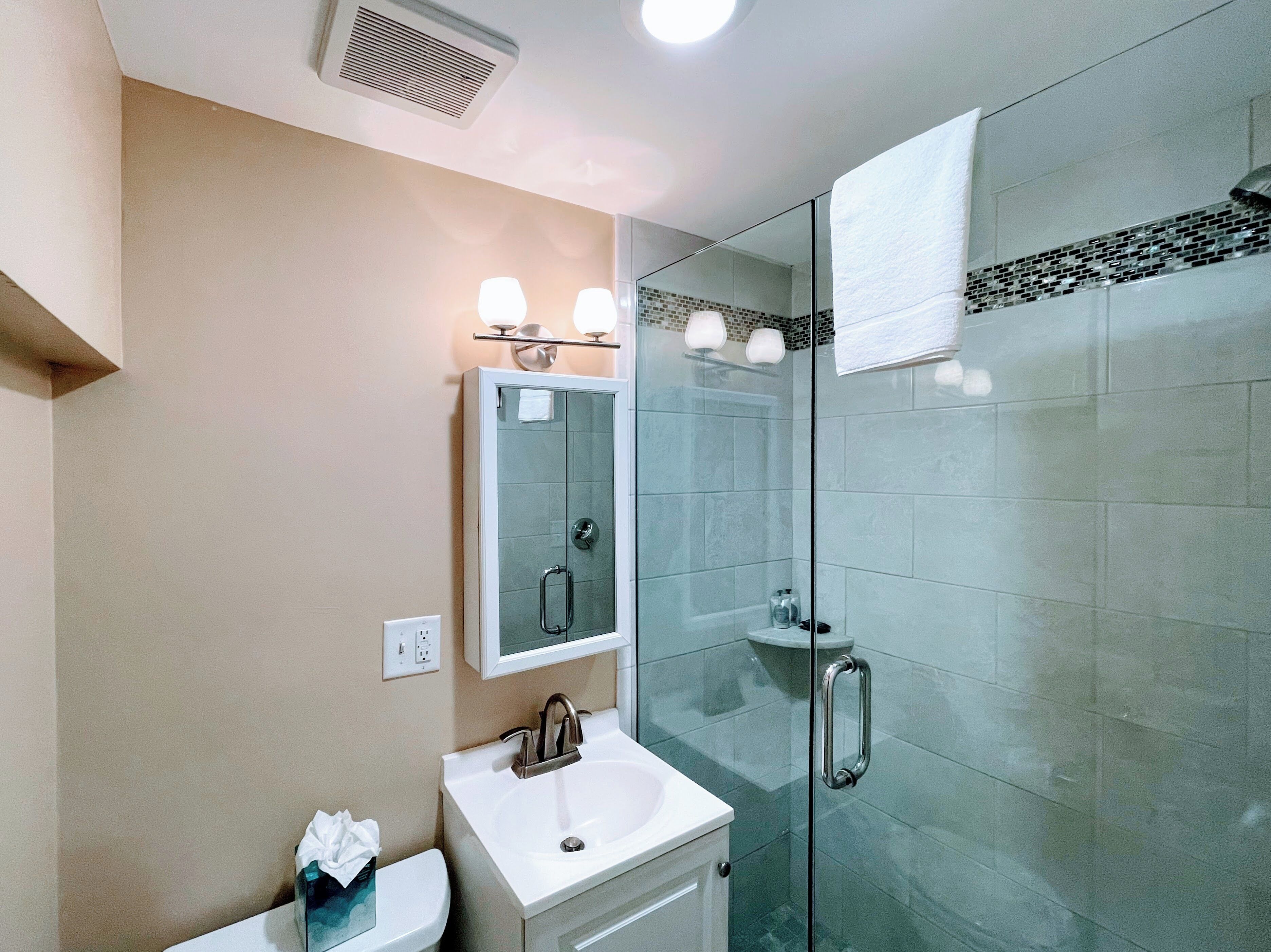 A modern bathroom with a glass-enclosed shower, a white sink, and a mirror above it.