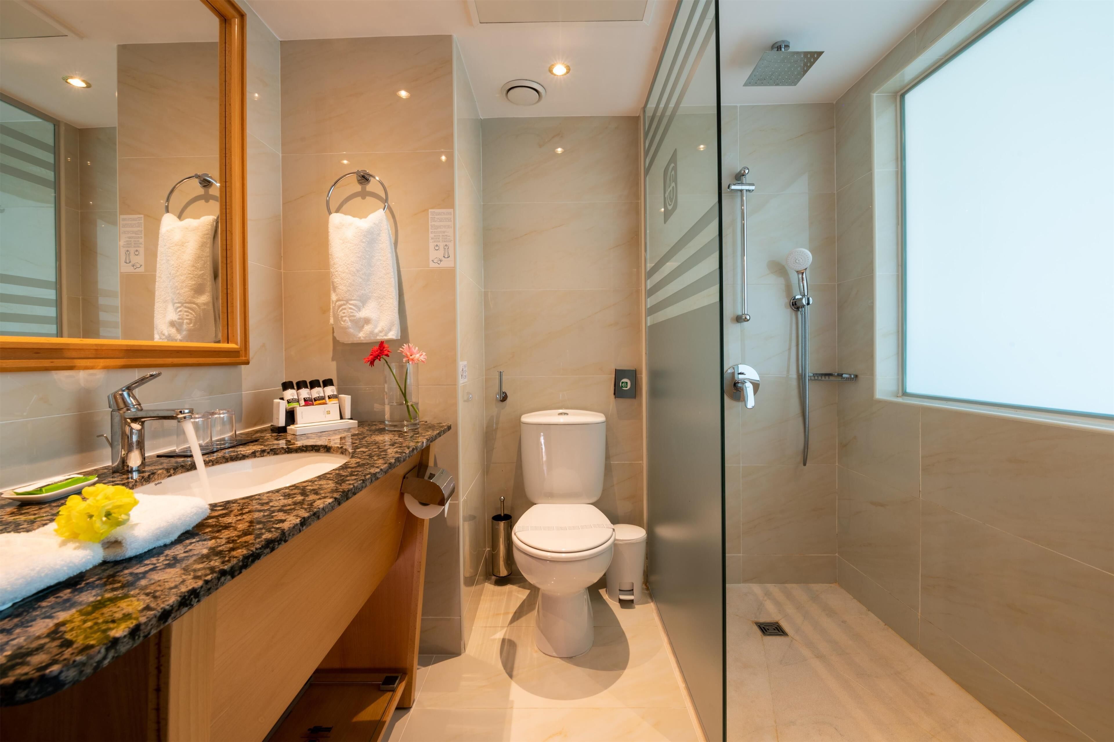 shower, rainfall showerhead, free toiletries, hair dryer