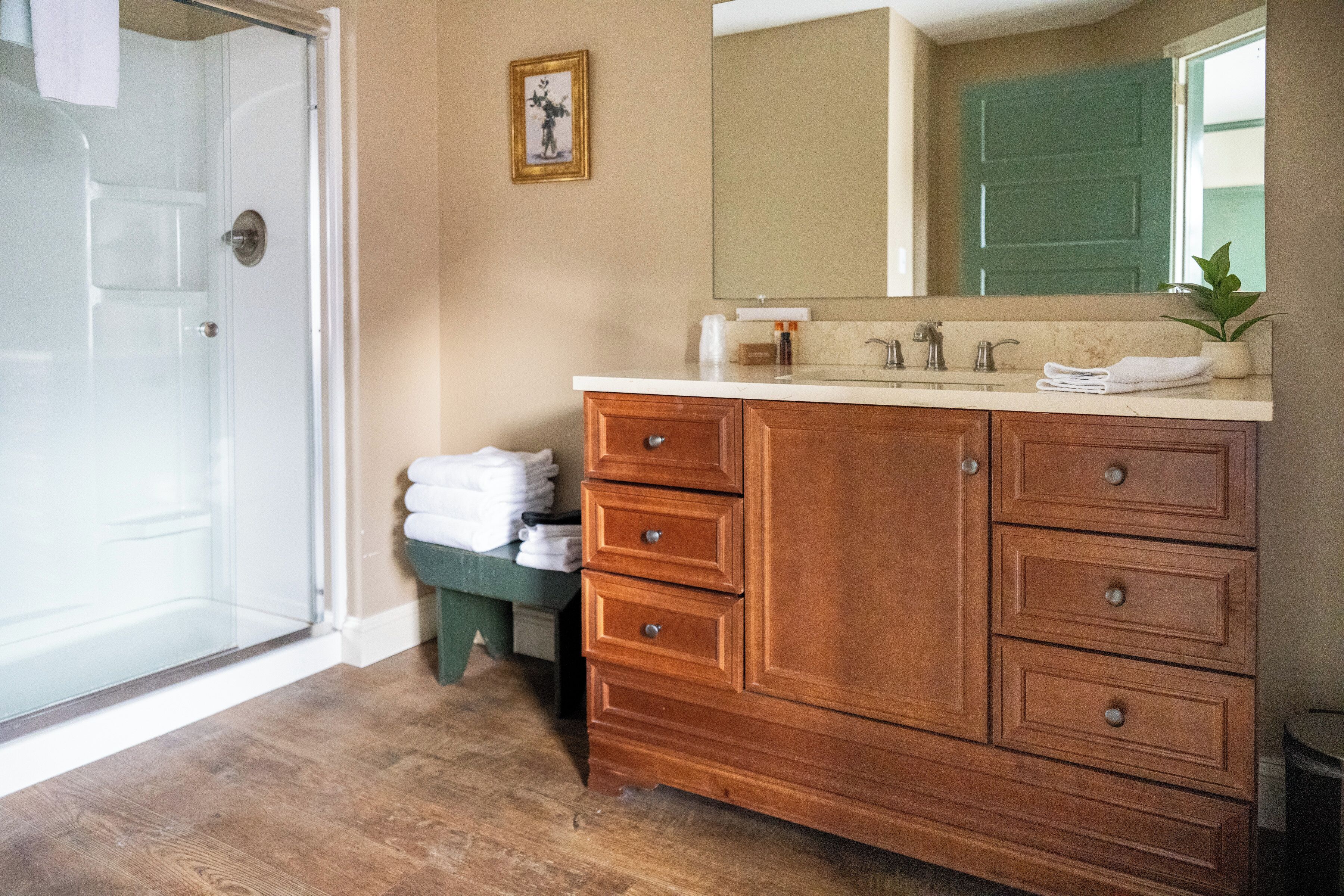 A bathroom with a wooden vanity, a mirror, a sink, and a green door.