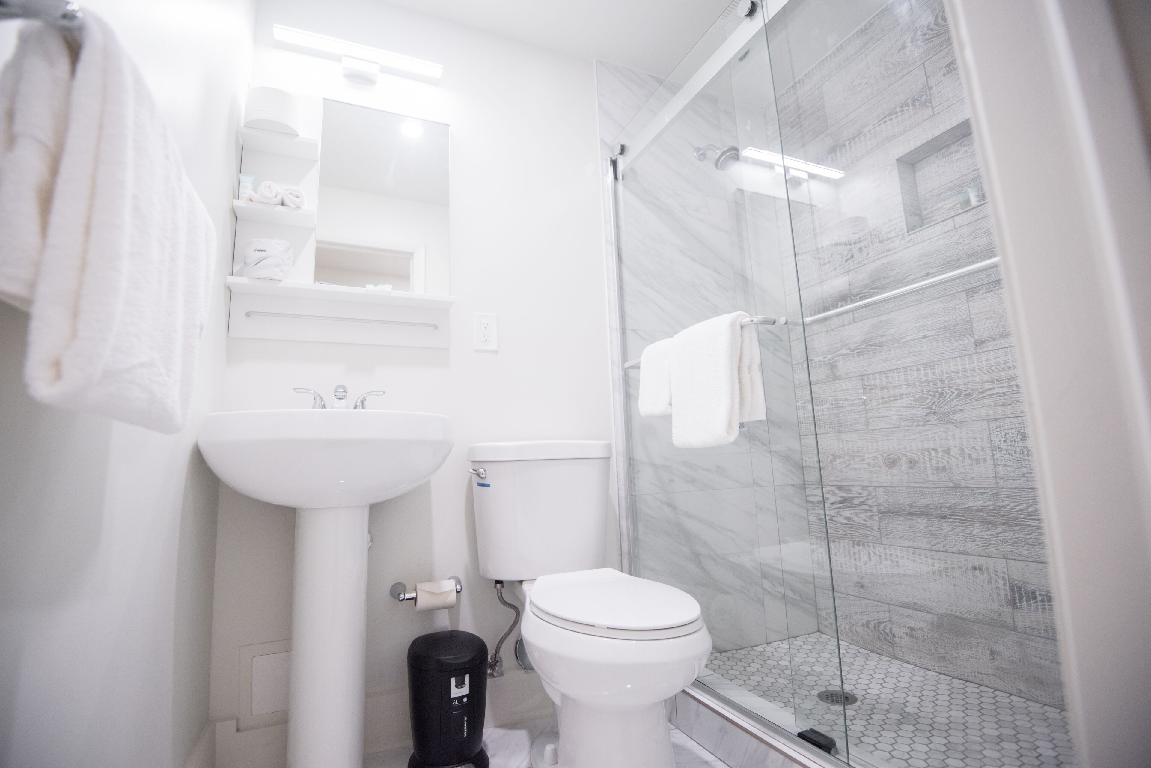 A modern bathroom with a glass shower enclosure, a white sink, and a toilet.