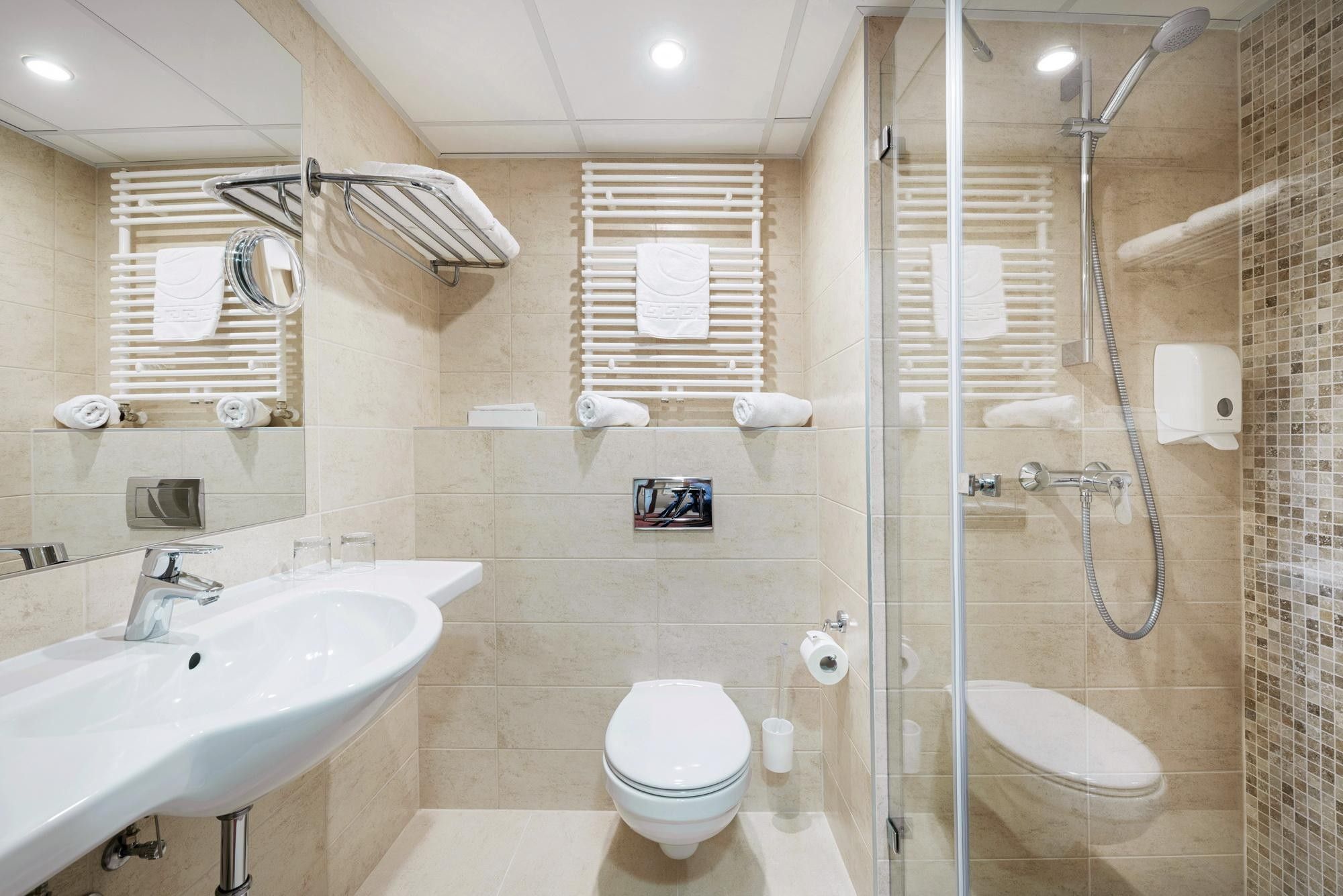 Une salle de bain moderne avec une douche à parois de verre, un lavabo blanc et des toilettes.
