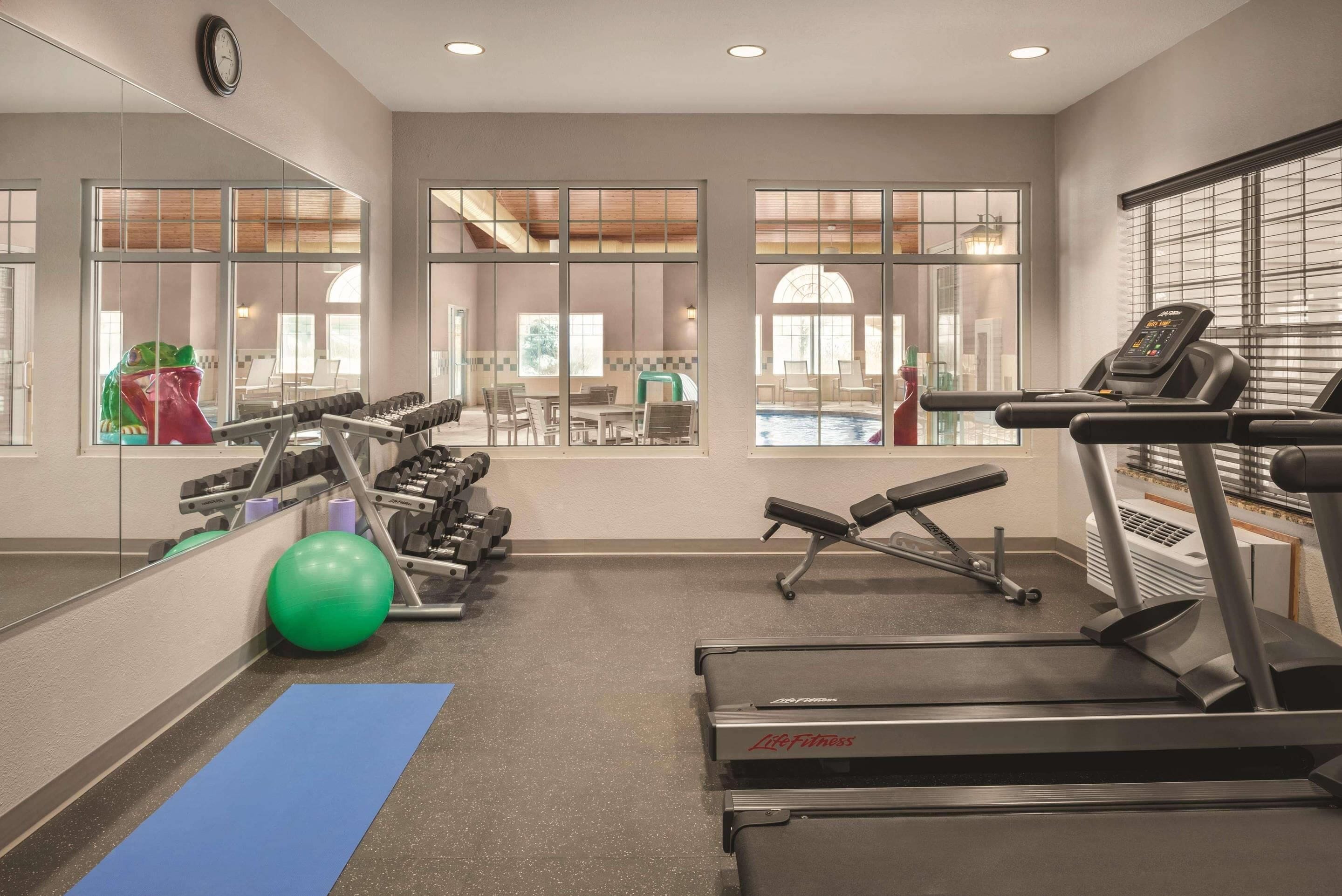 A gym with treadmills, weights, and exercise balls.