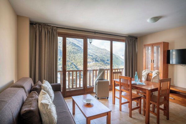 25-inch flat-screen TV with satellite channels, TV