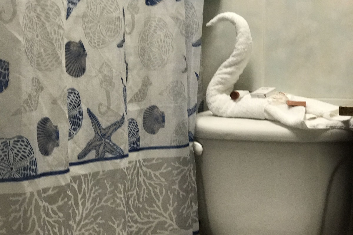 standard double room | bathroom | shower, free toiletries, hair dryer, towels