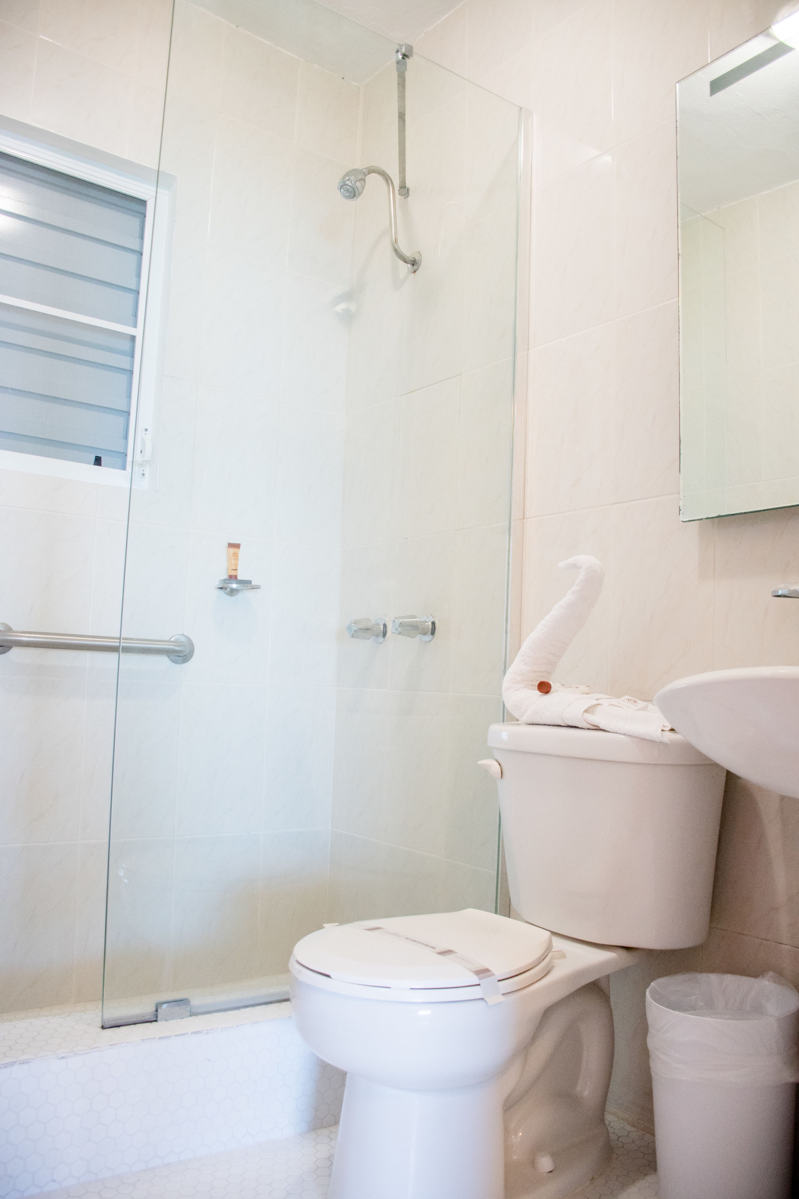 A bathroom with a glass shower enclosure, a toilet, and a sink.