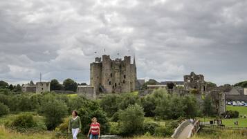 A historic castle with ruins, a bridge, and a grassy area with visitors.