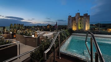 A rooftop pool with a castle in the background, surrounded by greenery and modern buildings.