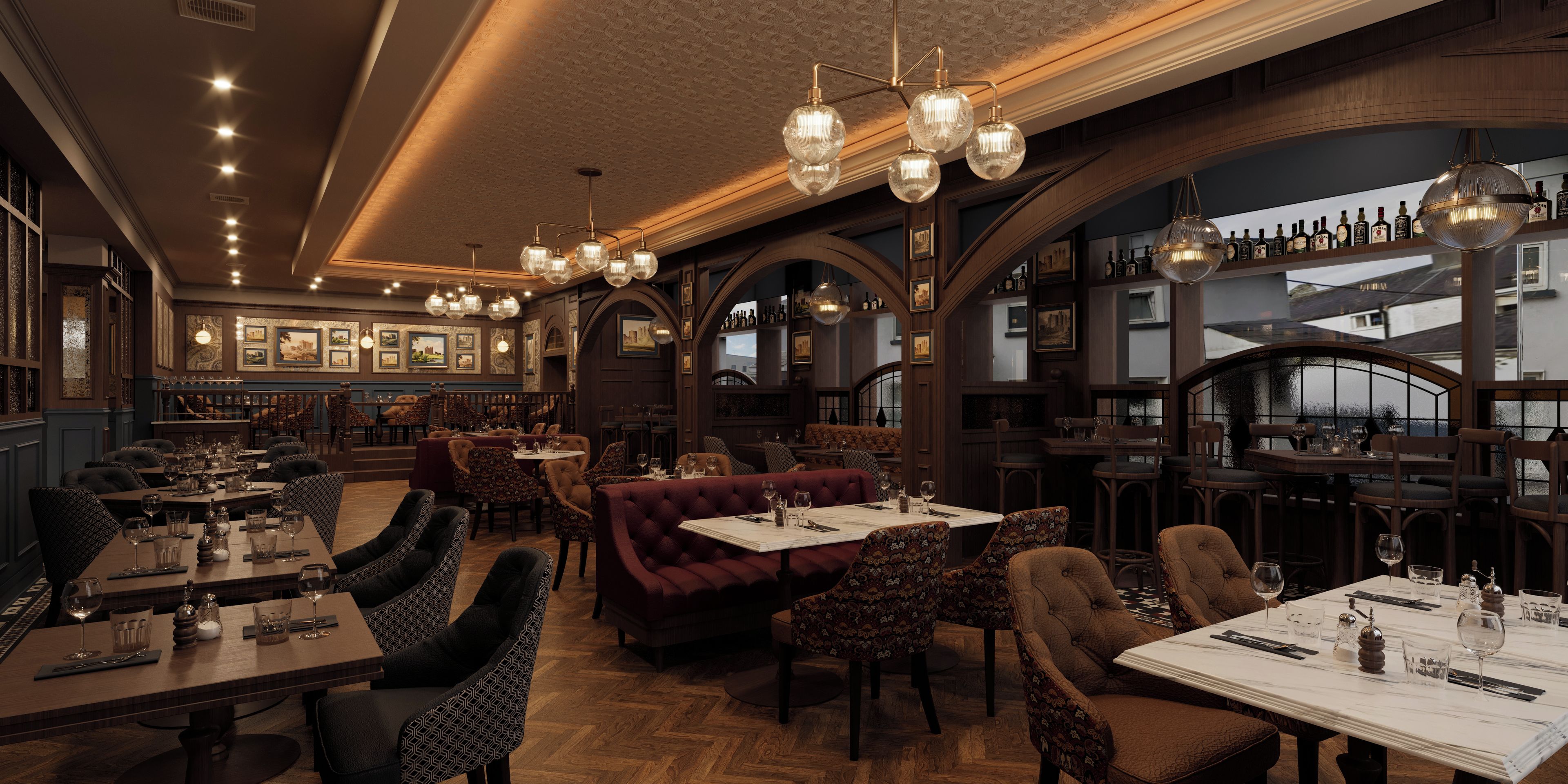 A restaurant interior with multiple dining areas, including booths and tables, and a bar area with a wine rack.
