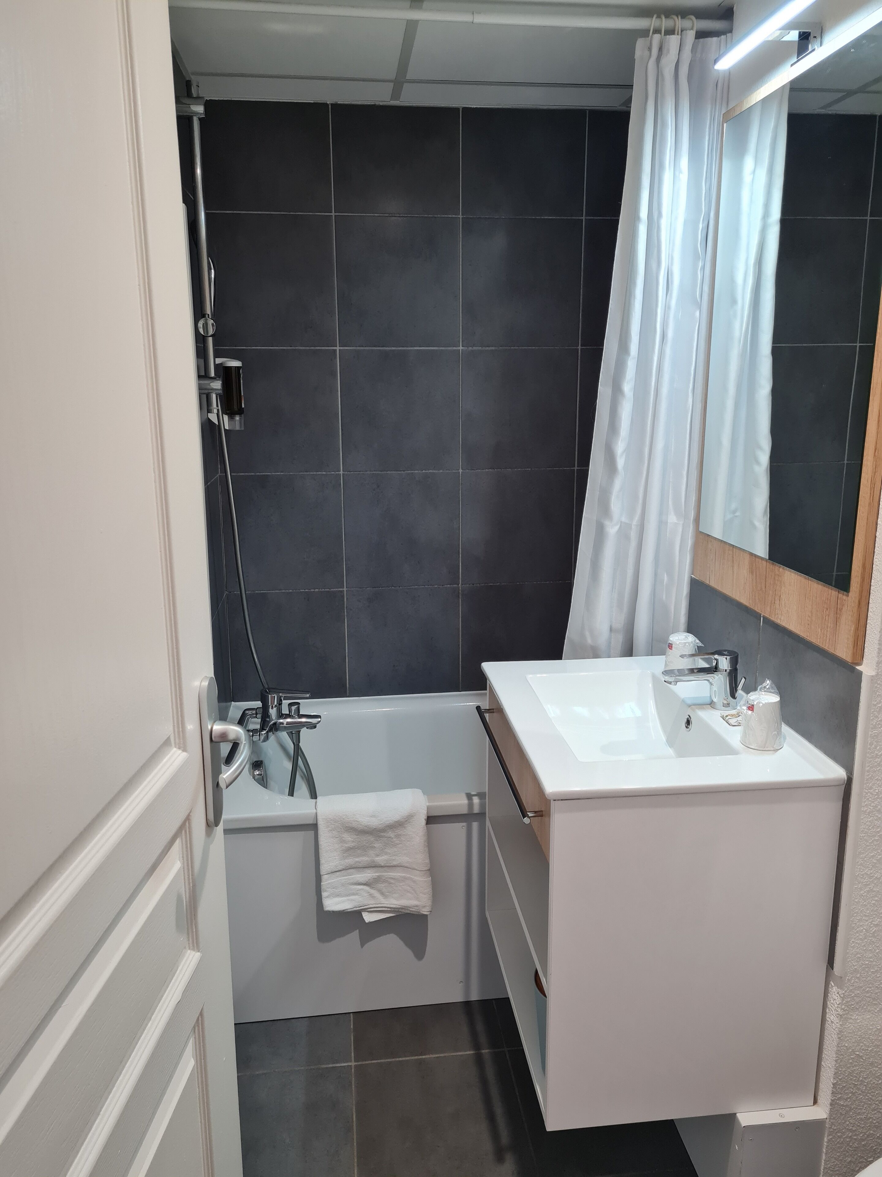 Une salle de bain moderne avec une baignoire, un lavabo et un miroir.