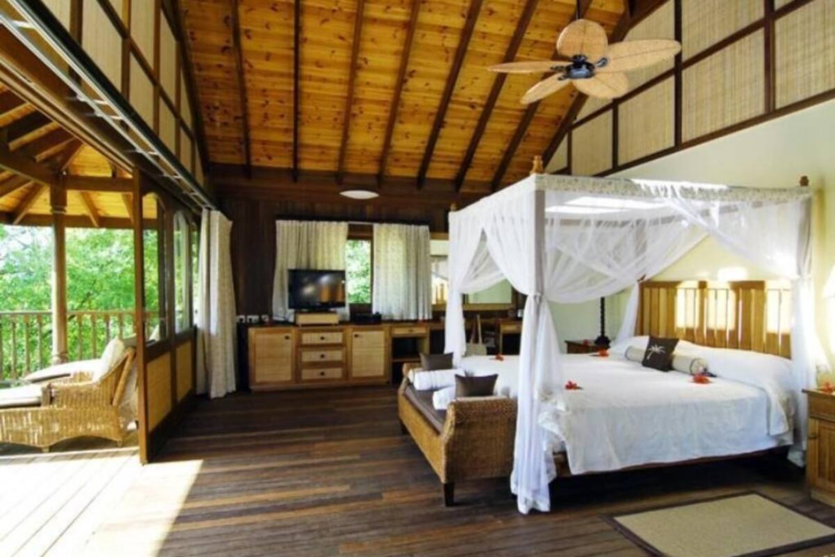 A room with a bed, a television, a ceiling fan, and a balcony.