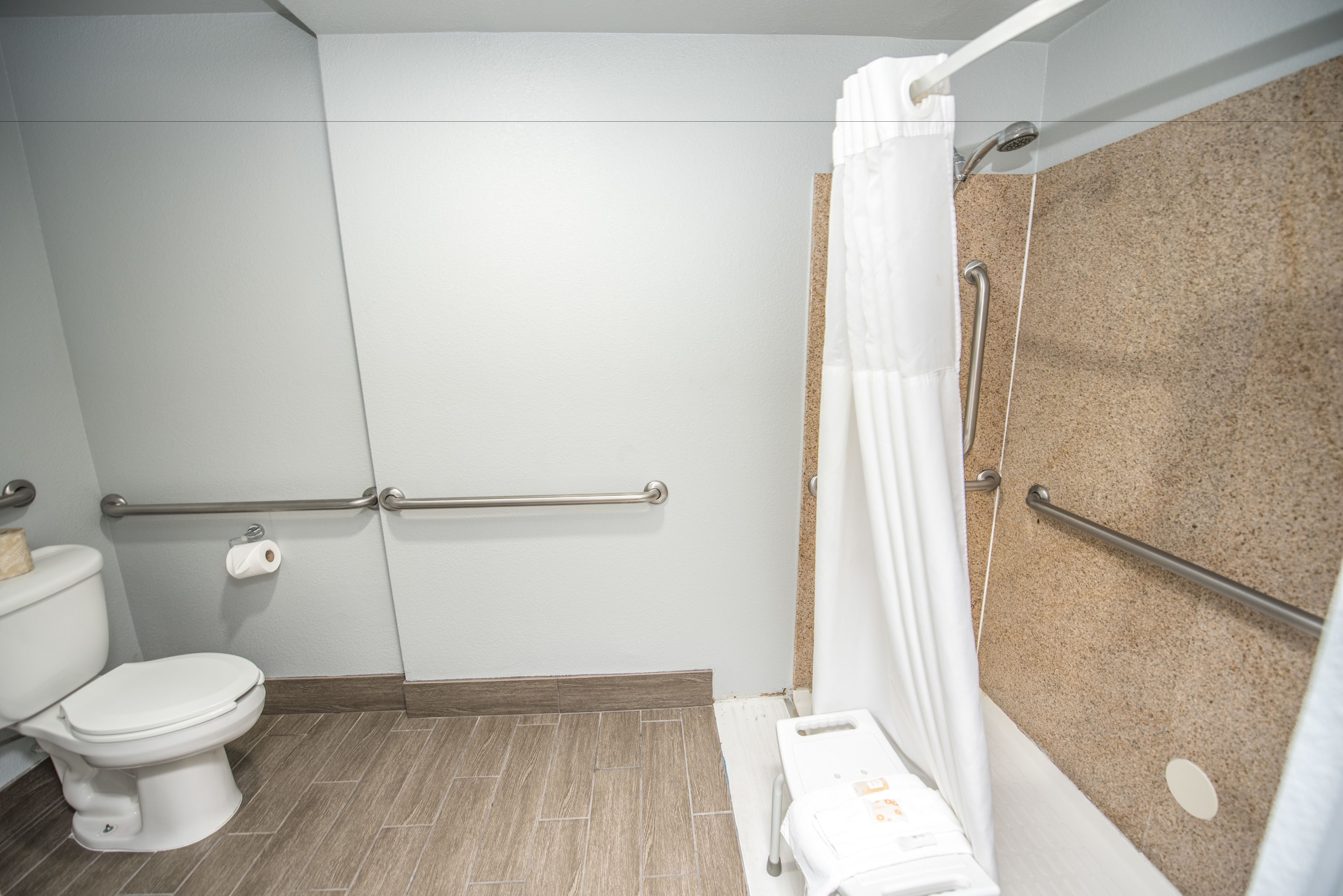 Une salle de bain équipée de toilettes, d’une douche avec une barre d’appui et d’un porte-serviettes.