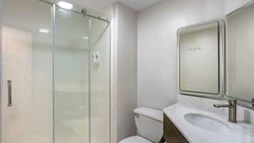 A bathroom with a glass shower enclosure, a toilet, and a sink with a mirror above it.