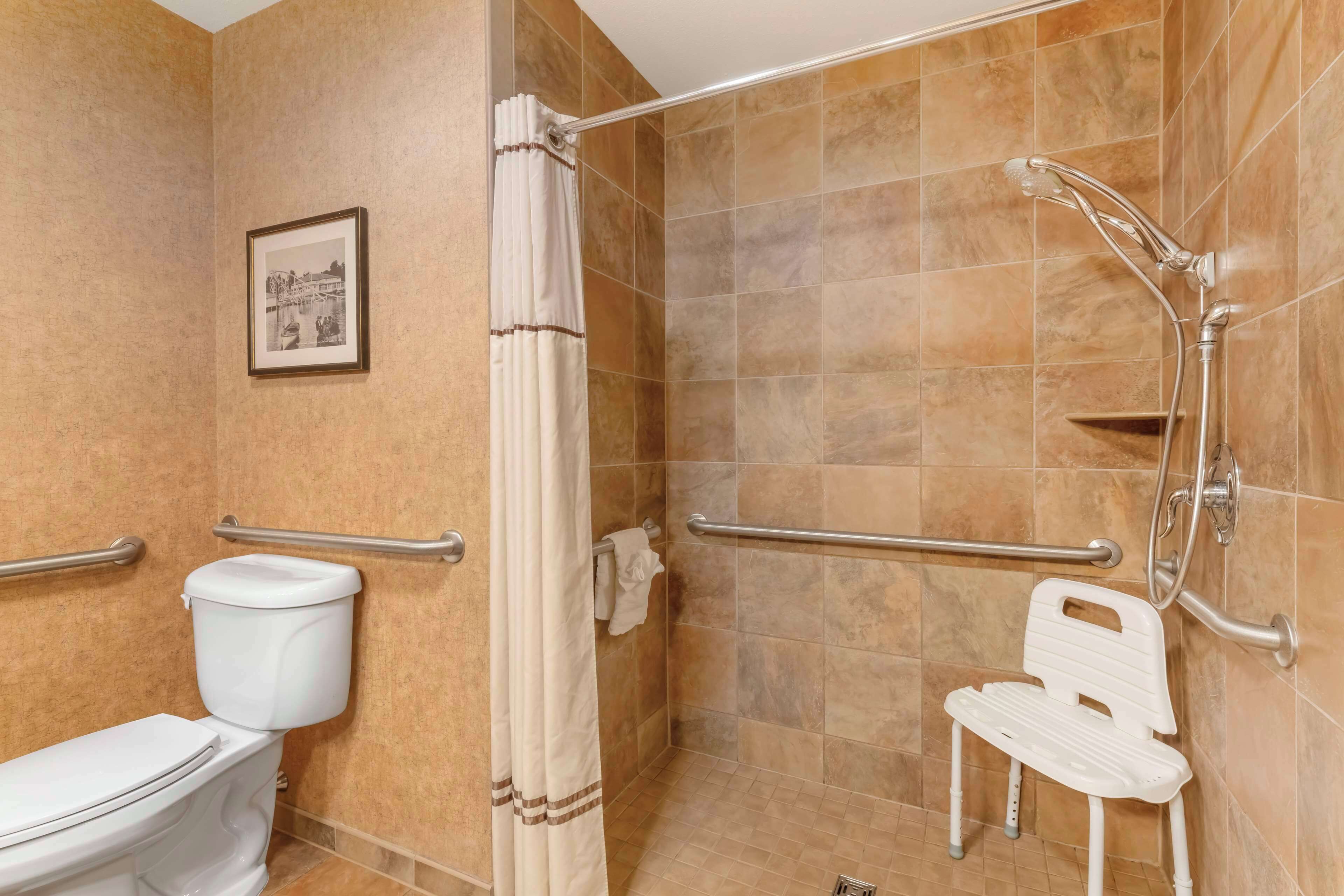 A bathroom with a toilet, shower, and grab bars.