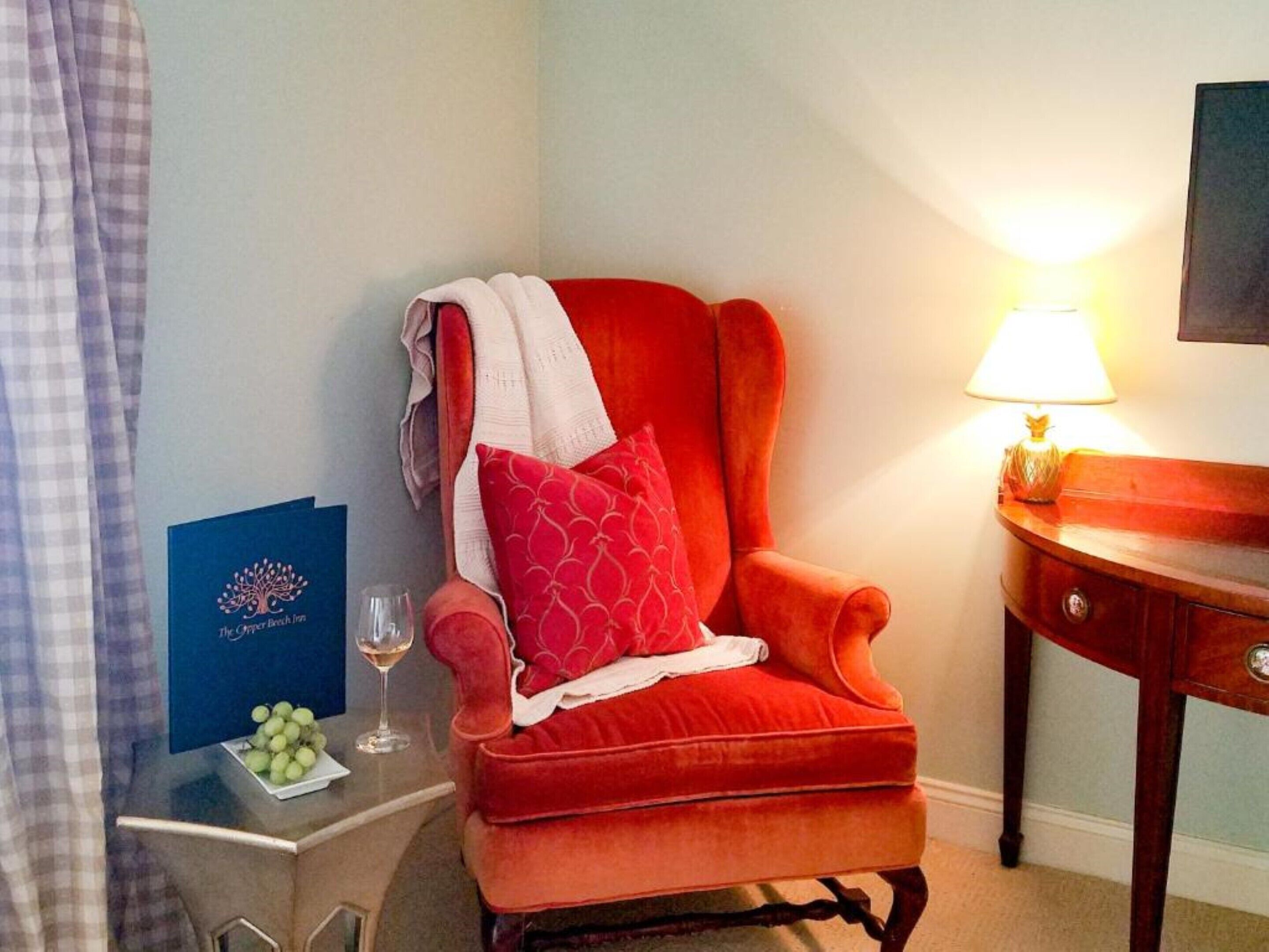 Un fauteuil rouge avec un plaid blanc et un coussin rouge, un verre de vin, un bol de raisins et une brochure bleue sur une petite table.