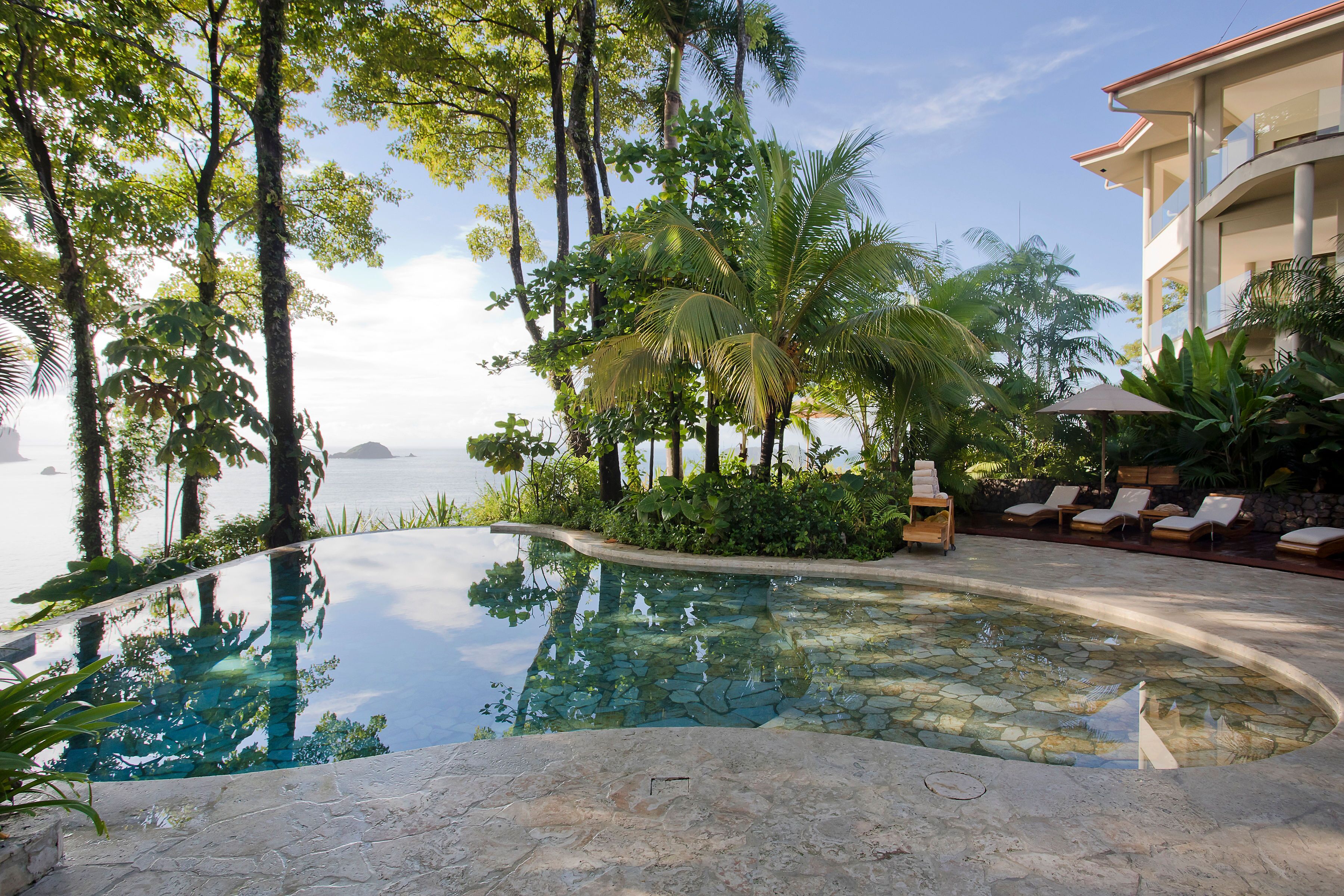A pool with a stone edge, surrounded by palm trees and lounge chairs, with a view of the sea.