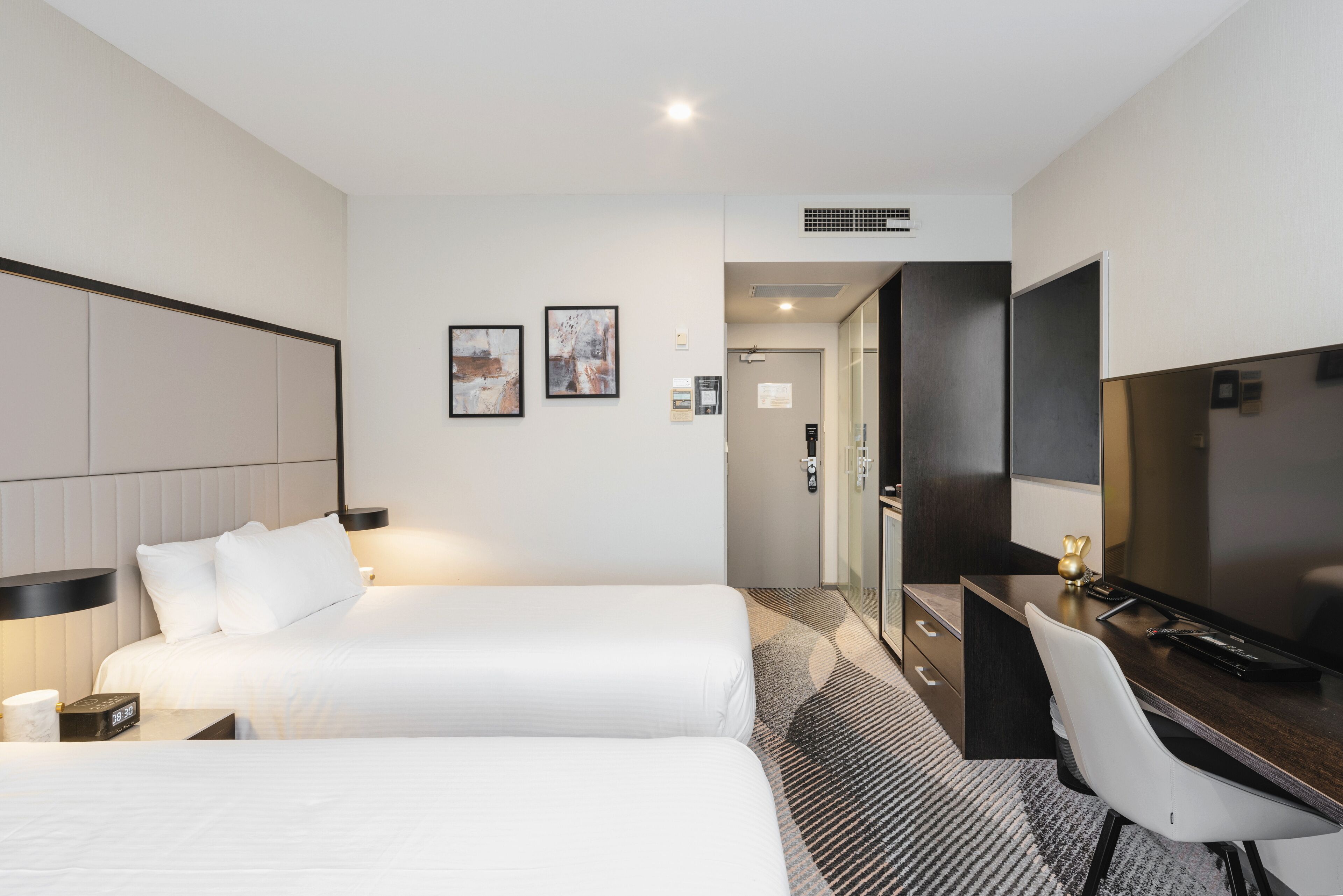 desk, laptop workspace, blackout curtains, iron/ironing board