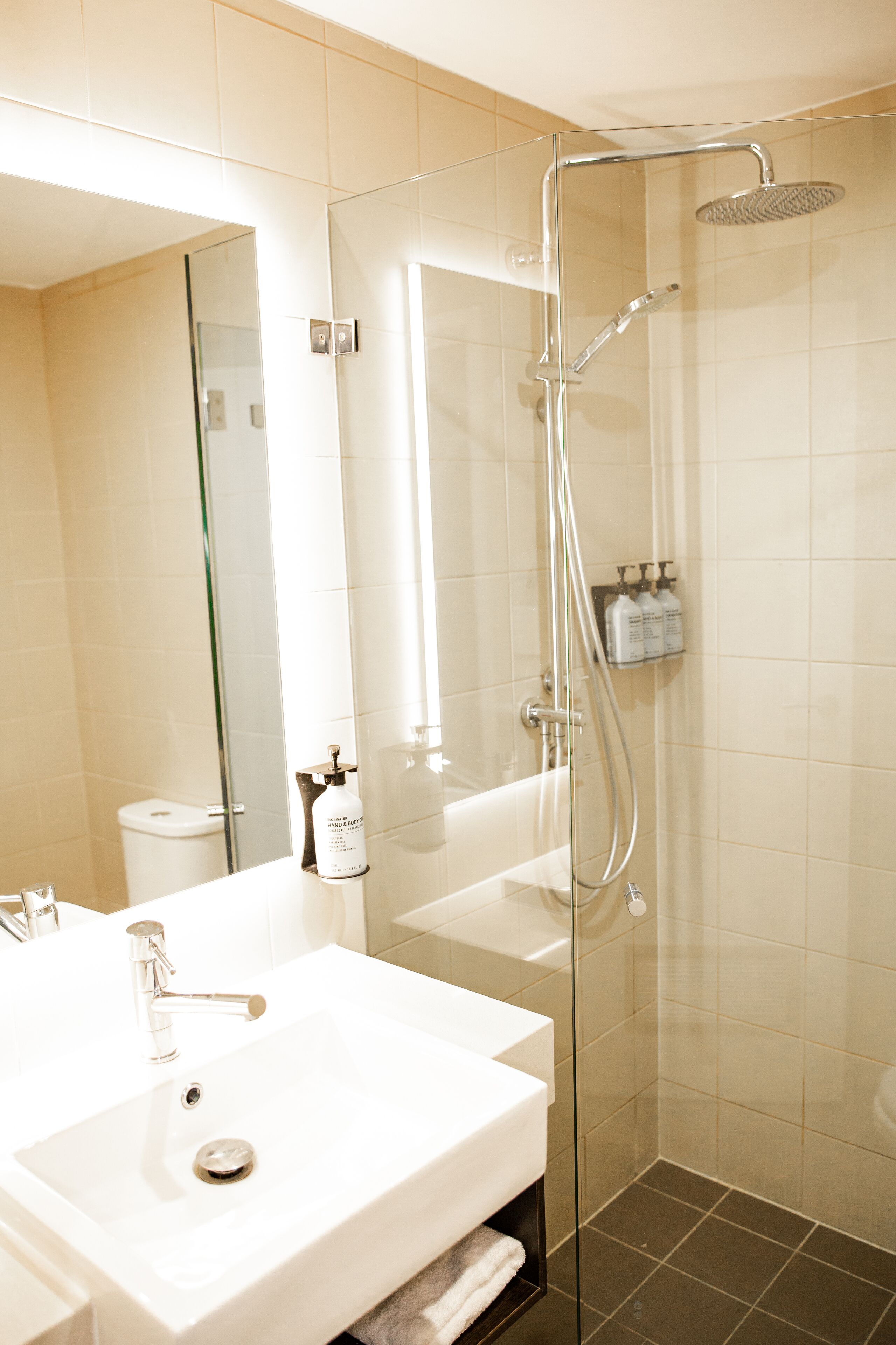 shower, free toiletries, hair dryer, towels