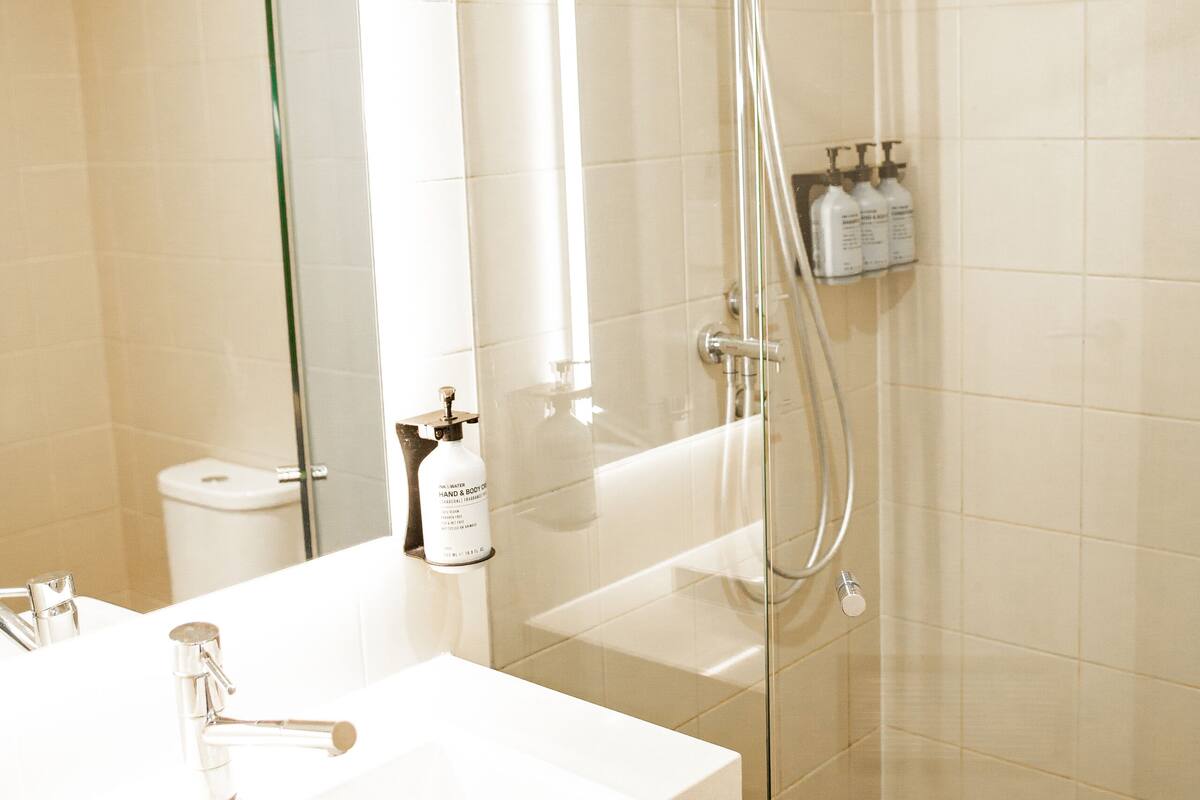 shower, free toiletries, hair dryer, towels