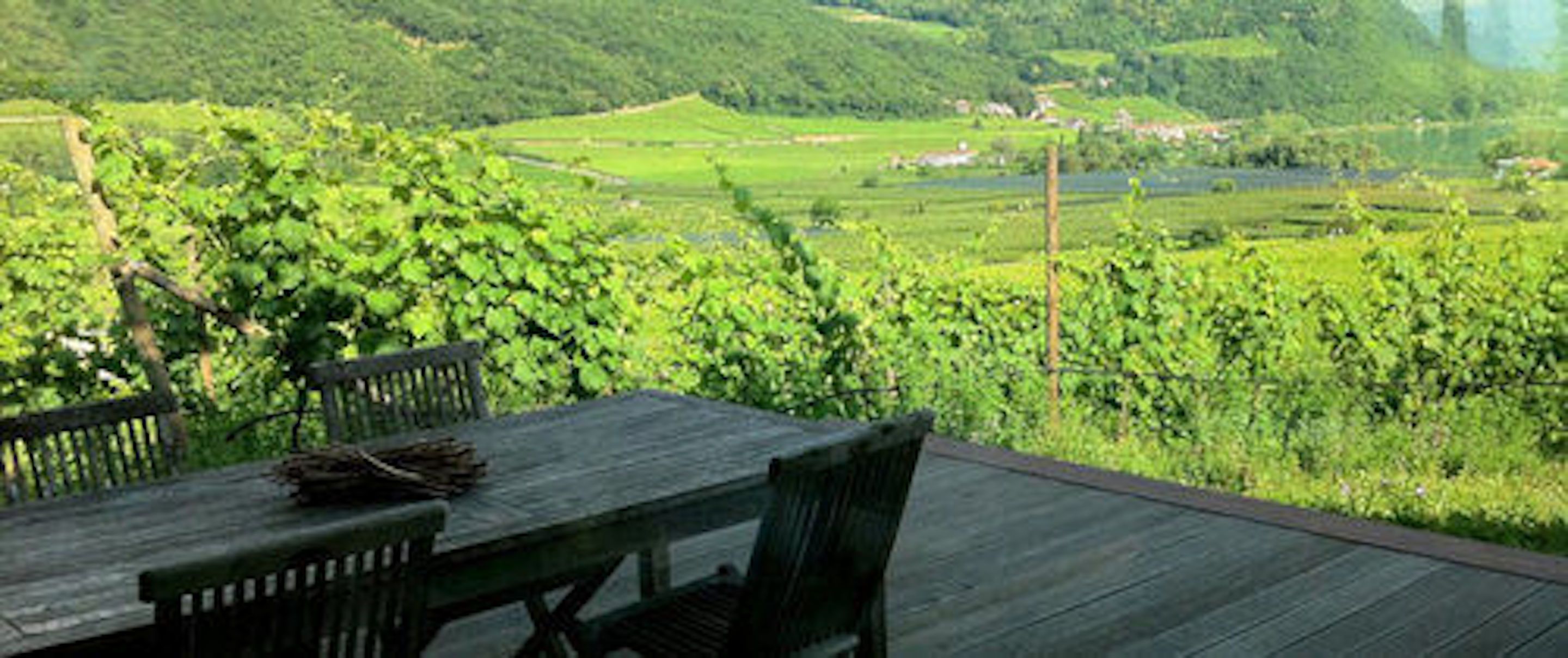 Une terrasse en bois avec une table et des chaises donnant sur un vignoble.