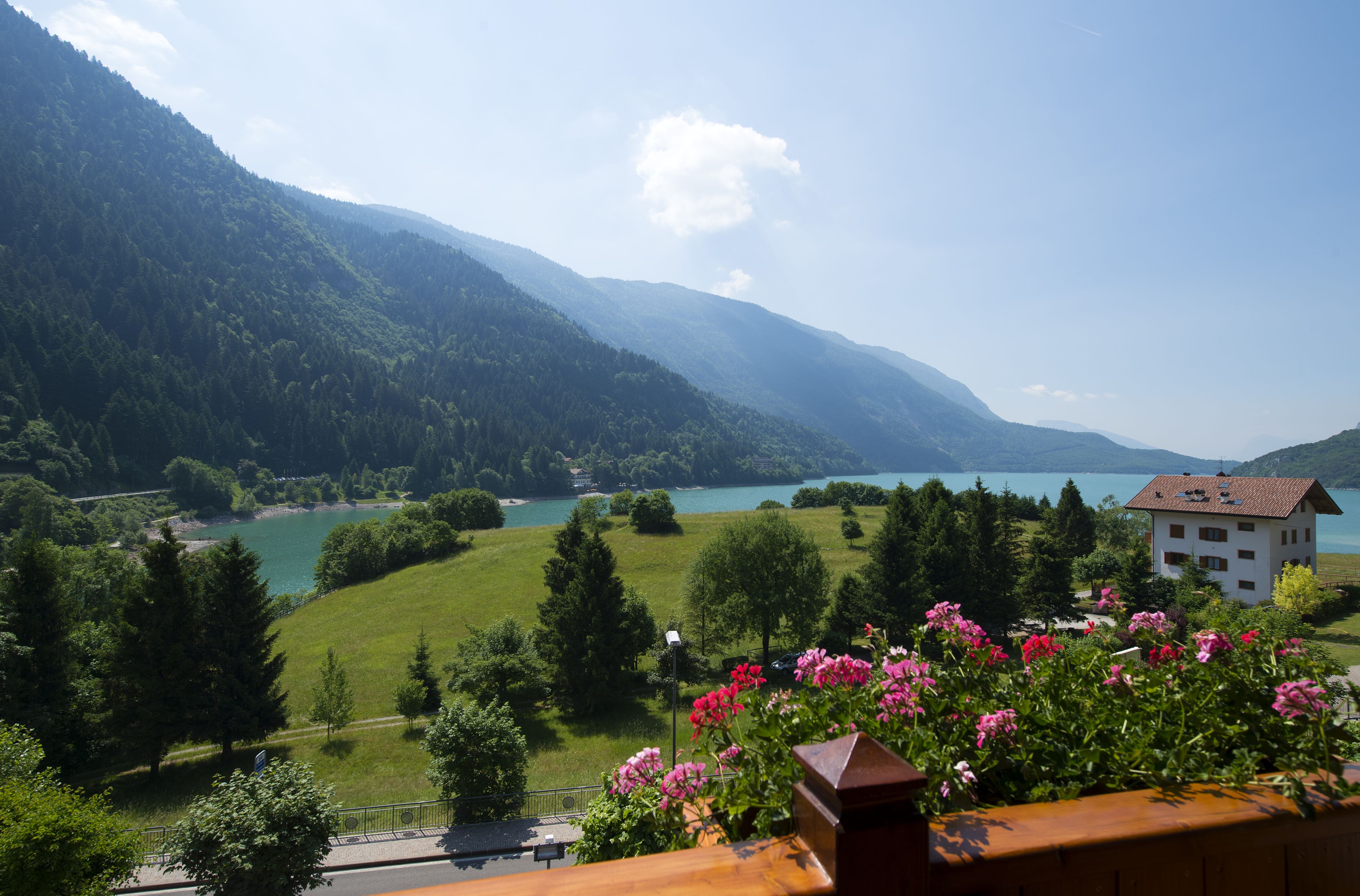 Un paysage de montagne avec un lac, une maison et un parterre de fleurs.