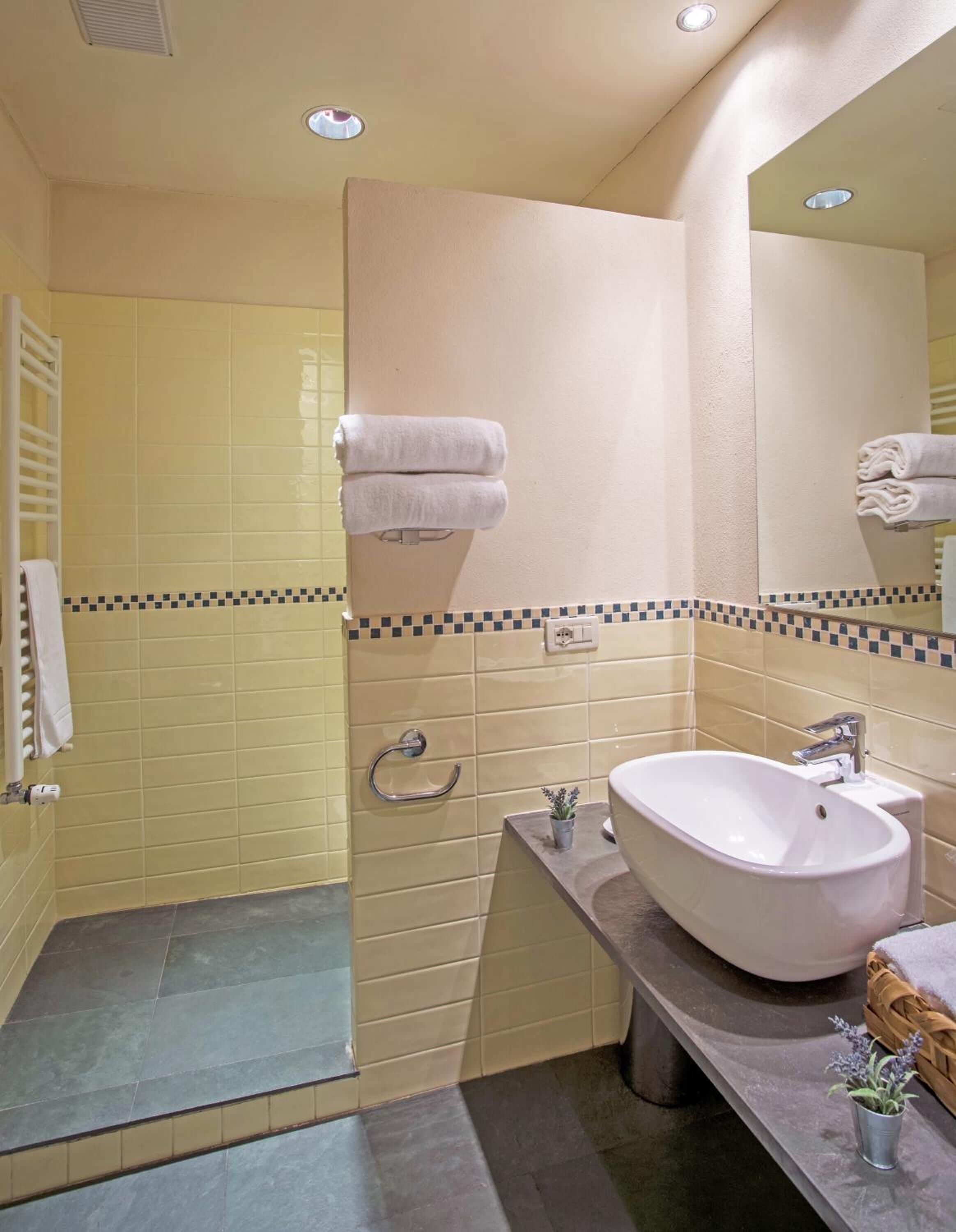 A modern bathroom with a large sink, a mirror, and a shower area.