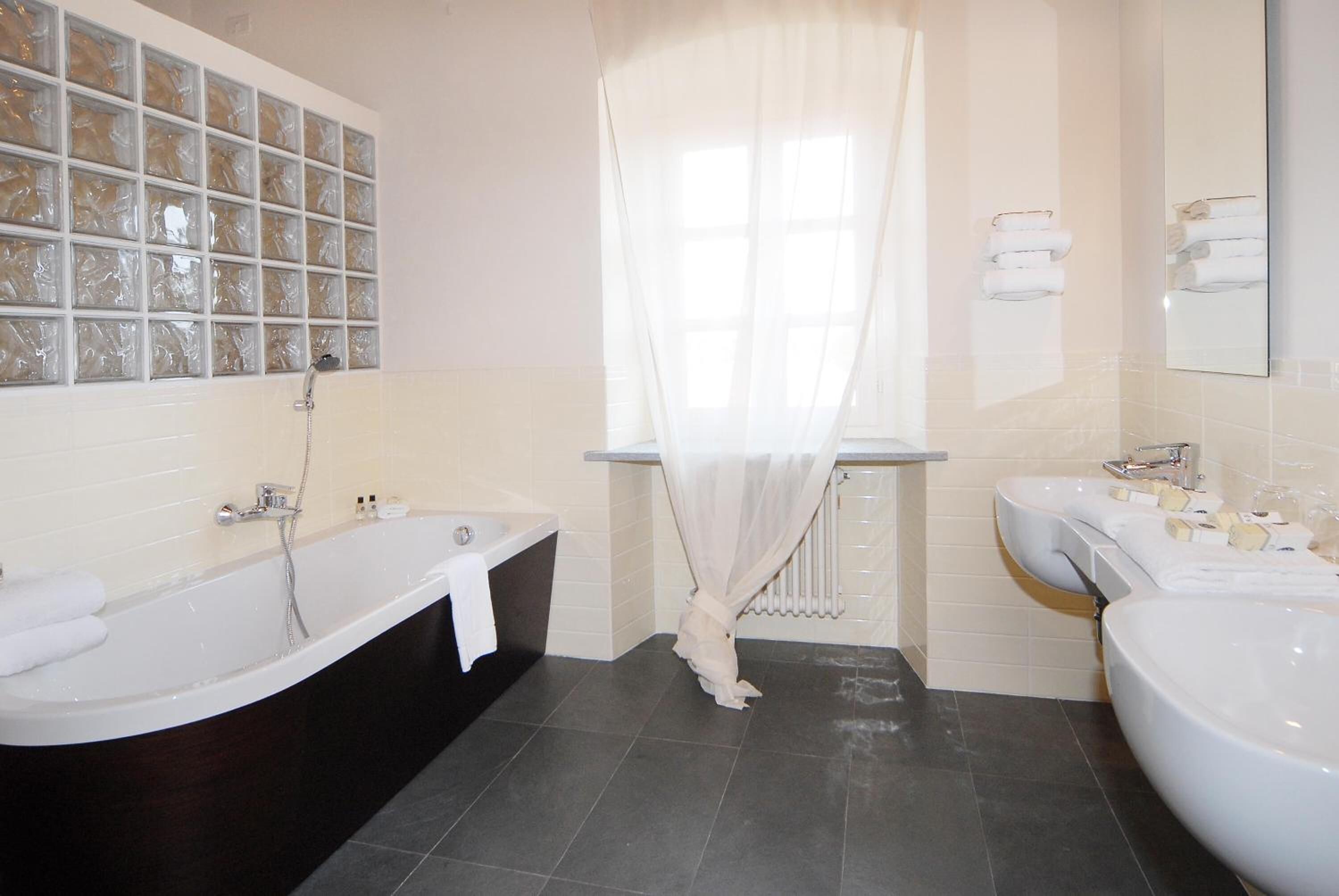 free toiletries, hair dryer, bidet, towels