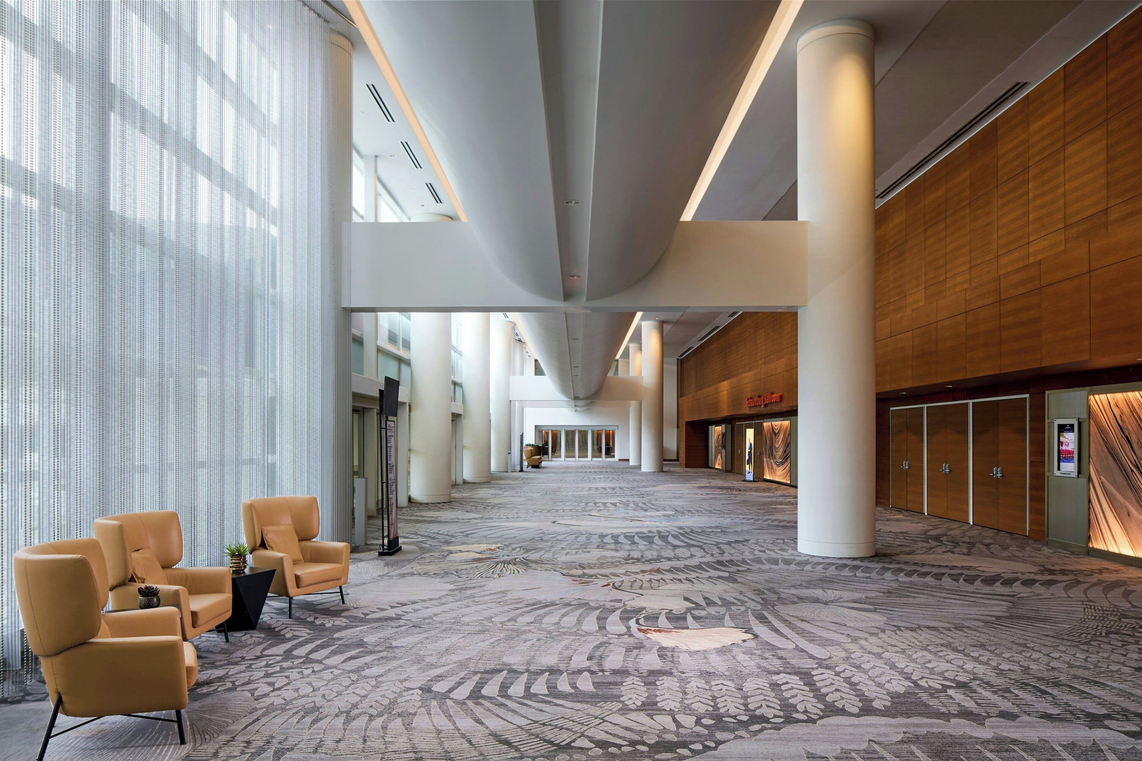 A spacious lobby with a patterned carpet, large windows, and a reception area with wooden paneling.